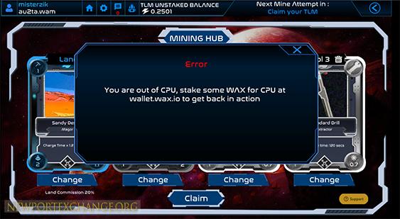 Alien Worlds Error CPU Staking